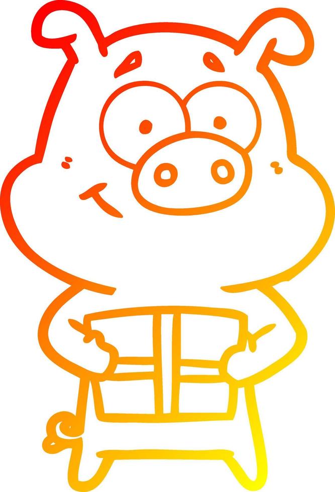 warm gradient line drawing happy cartoon pig holding christmas present vector