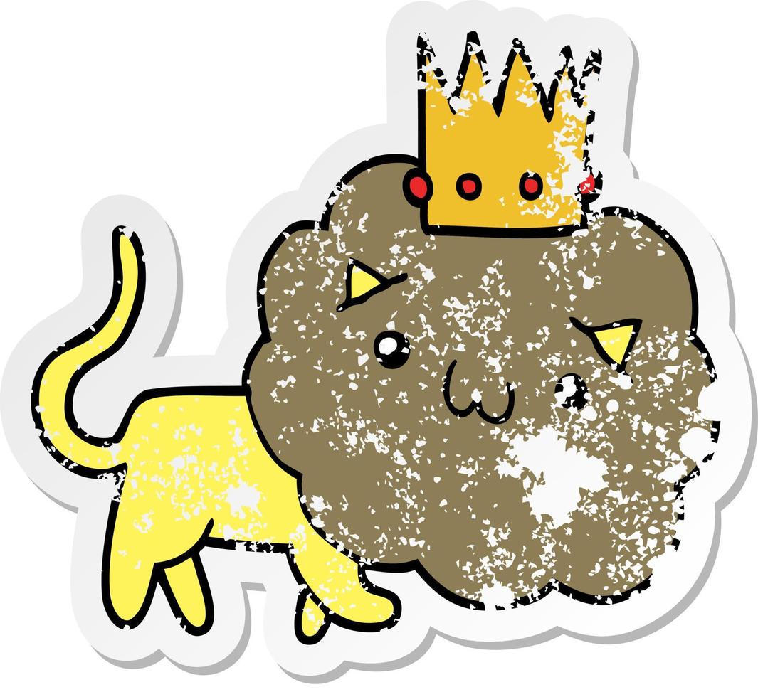 distressed sticker of a cartoon lion with crown vector