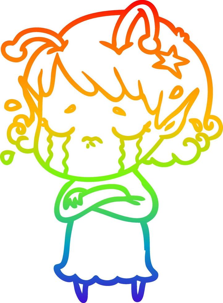 rainbow gradient line drawing cartoon crying alien girl vector