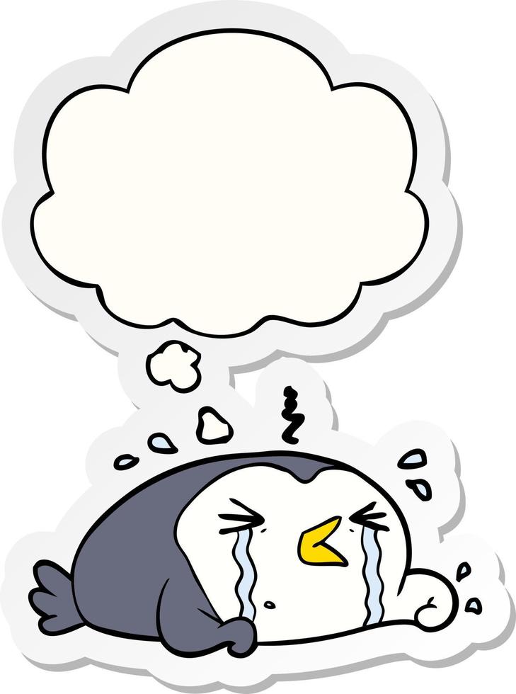 cartoon crying penguin and thought bubble as a printed sticker vector