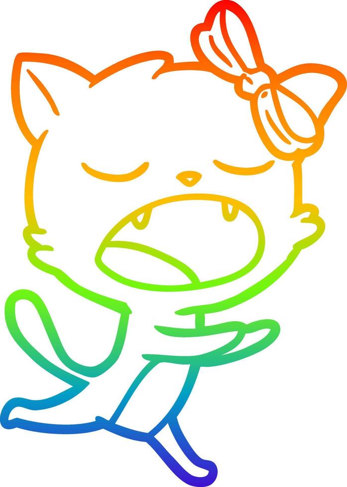 rainbow gradient line drawing cartoon yawning cat vector