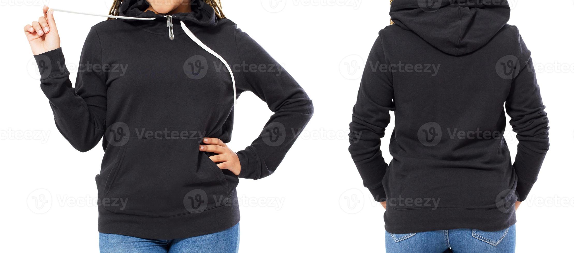 Front back and rear black sweatshirt view. Afro american girl woman in template clothes for print and copy space isolated on white background. Mockup photo