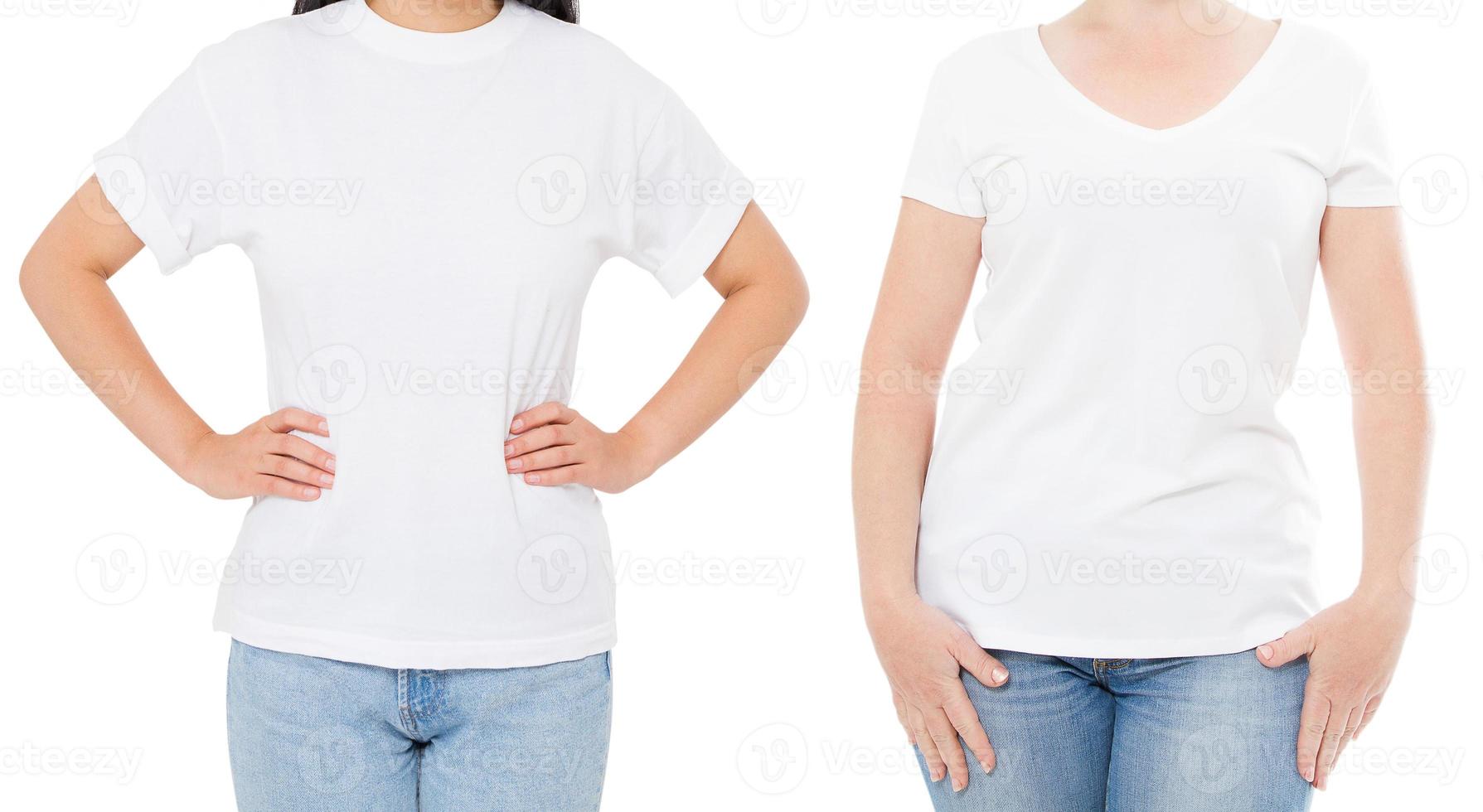 Woman white t shirt mockup, set empty blank tshirt, girl in blank t-shirt copy space, White tshirt isolated on white background collage or set photo