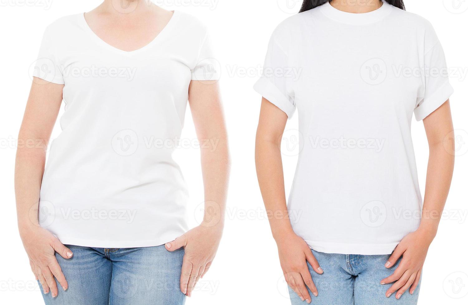 Maqueta de camiseta blanca de mujer, camiseta en blanco vacía, chica en espacio de copia de camiseta en blanco, camiseta blanca aislada en collage de fondo blanco o set foto