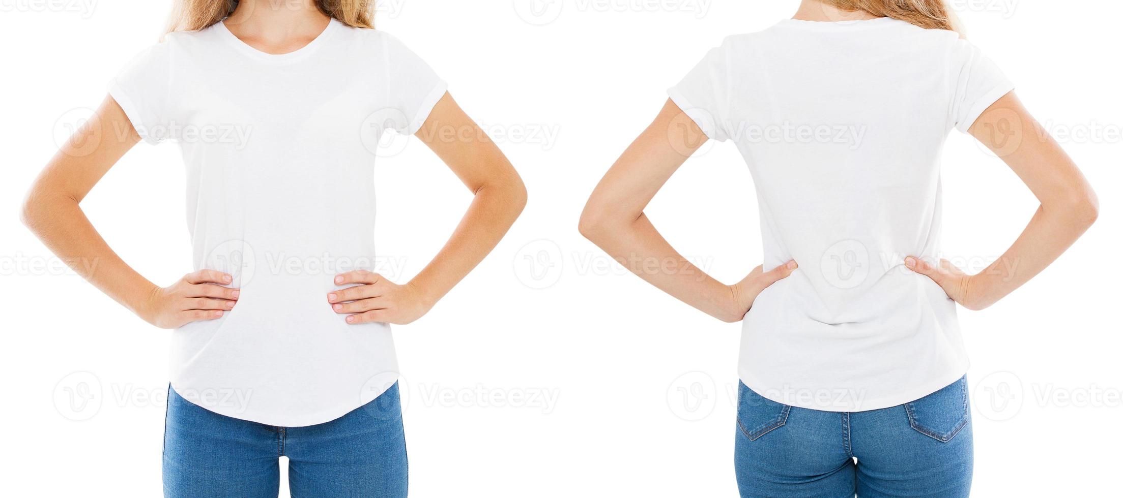 T-shirt design and people concept - close up of young woman in blank white t-shirt, shirt front and rear isolated. Mock up. photo