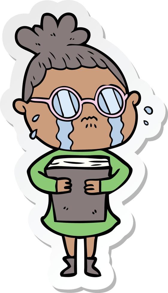 sticker of a cartoon crying woman wearing spectacles vector
