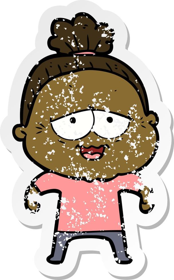 distressed sticker of a cartoon happy old lady vector