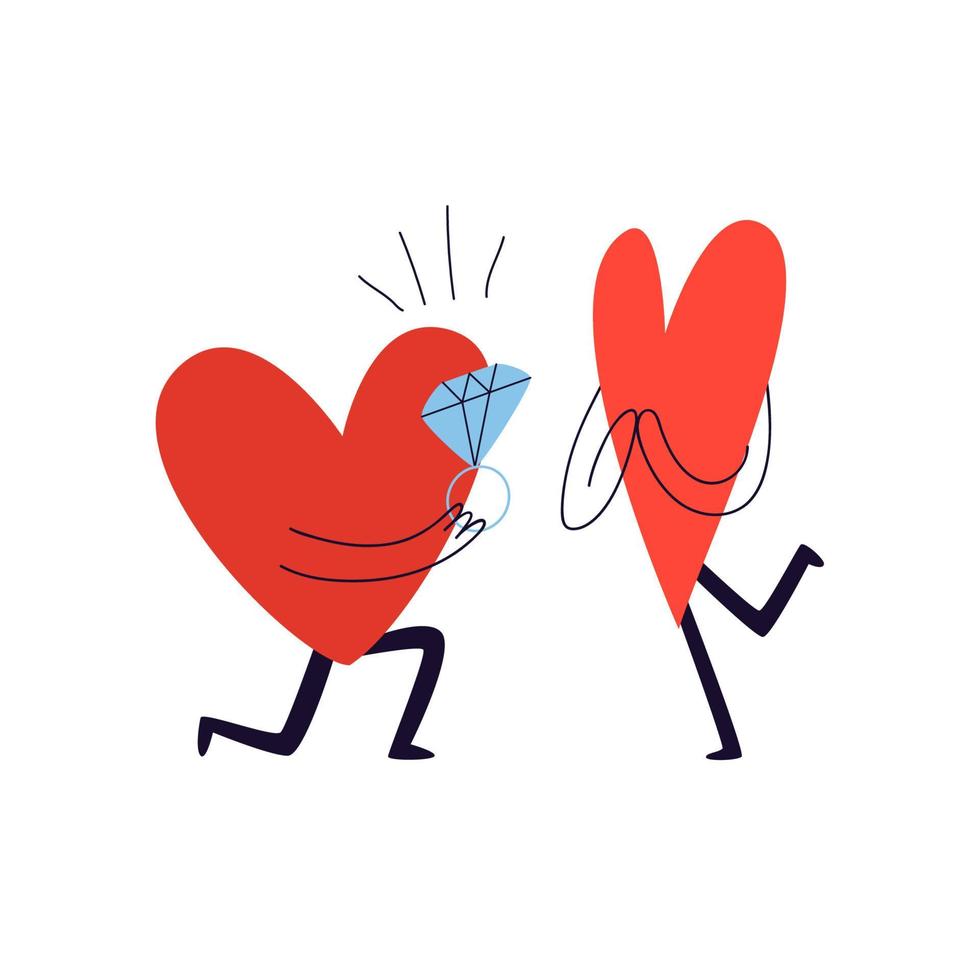 los amantes en forma de corazón se arrodillan y le dan a su amada un anillo con un enorme diamante. el amante está feliz de aceptar la propuesta de matrimonio. vector