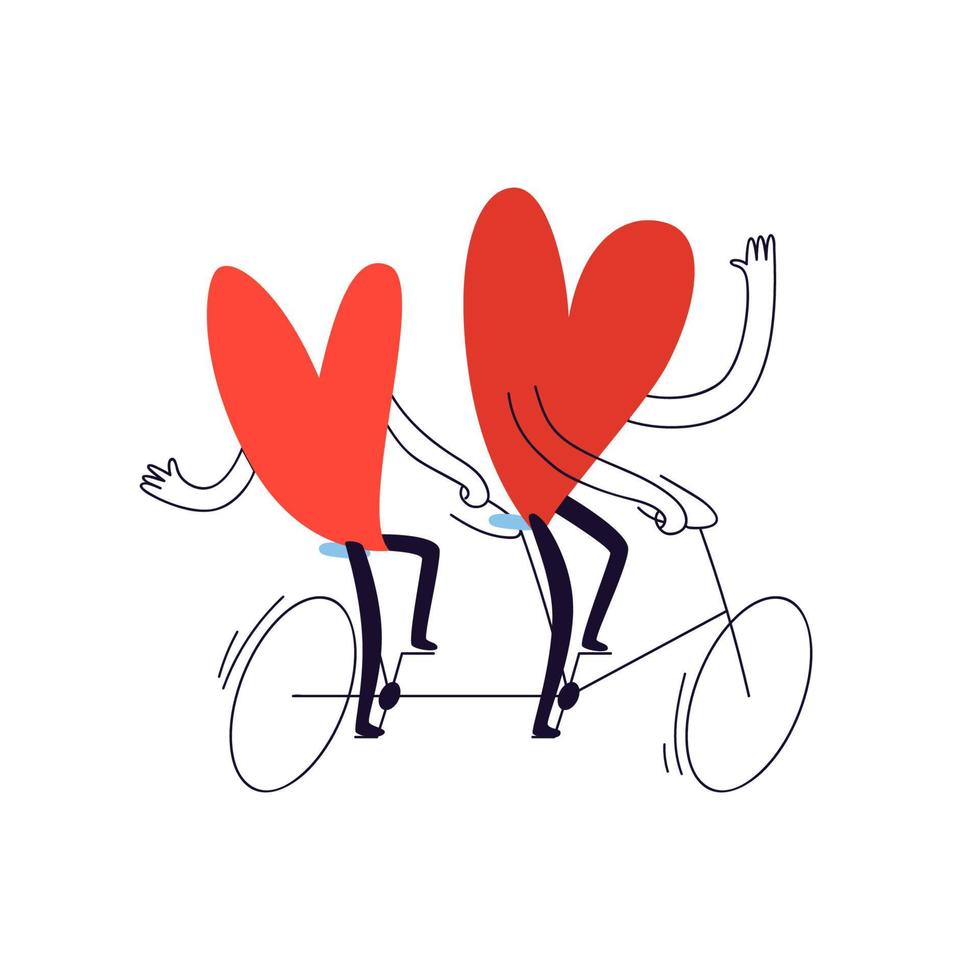 The lovers ride a two-seater bicycle. Hand drawn two hearts ride a tandem bike. Vector stock illustration in cartoon style on a white background.