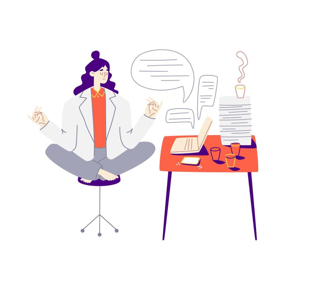 Girl meditates at the red workplace. Young woman with purple hair sits in a lotus position in a suit. It has a laptop, a phone, a huge pile of papers and a lot of coffee. Vector stock illustration.