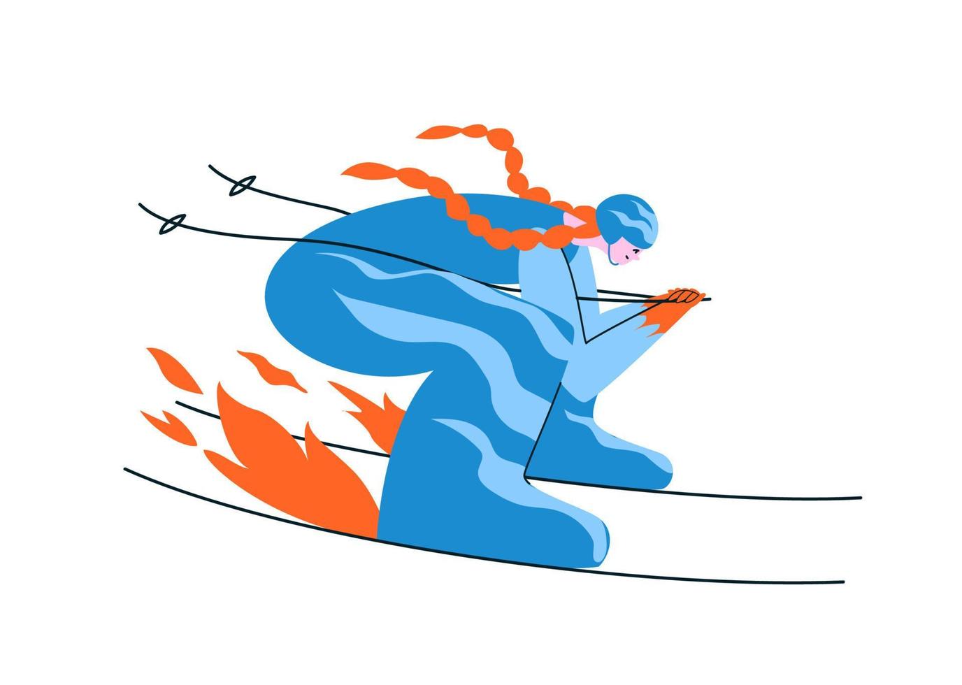 Hand-drawn redhead girl skier in a blue suit. A young woman skis in an aerodynamic pose at full speed that the fire under the skis lights up. Vector stock illustration in cartoon style on white.