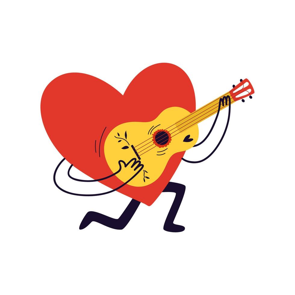 A large red heart plays a painted yellow ukulele on one knee. A hand-drawn cartoon character in the form of a heart. Vector illustration isolated on white background.