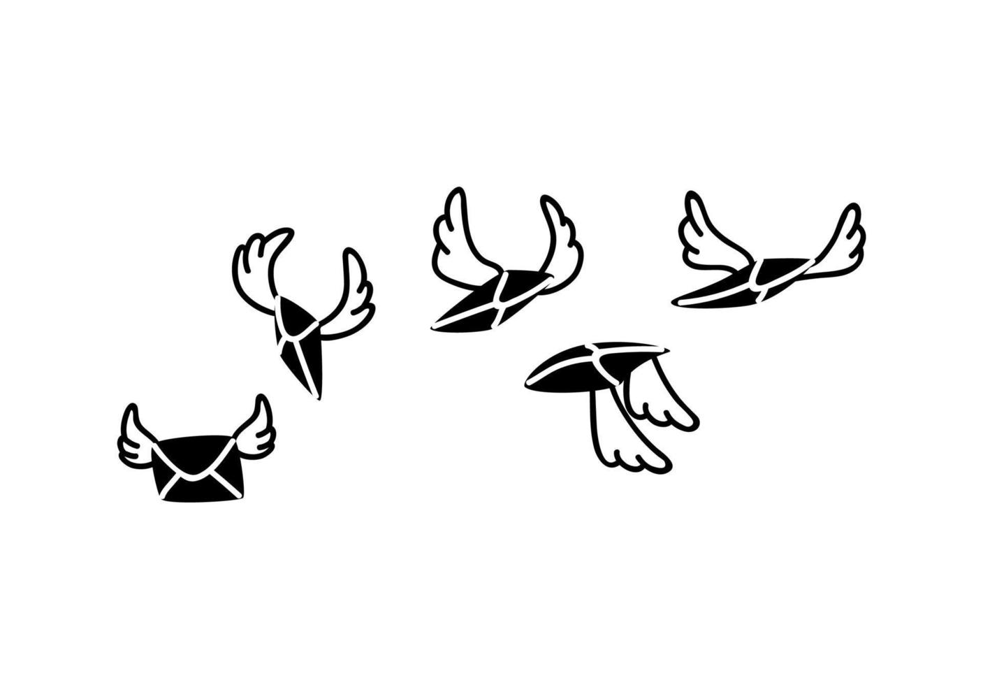 letras dibujadas a mano volando en las alas. ilustración de vector de franqueo de garabato. concepto de correspondencia de Internet sobre fondo blanco.