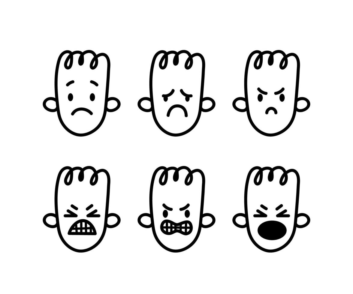 Set of sad and angry doodle faces. Hand-drawn emoji avatars. Sad and angry emotions vector illustration isolated on white background.
