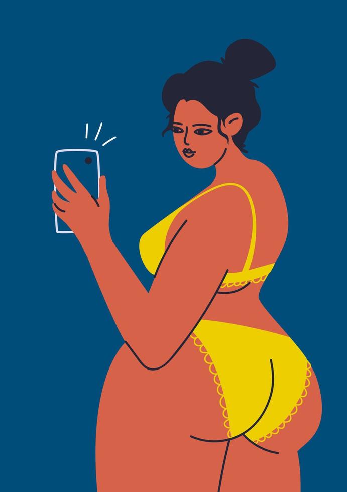 A pretty plump woman in yellow underwear is turned backward. Young woman with round hips with a phone in her hand. Vector illustration of a vertical print of a female figure in a cartoon style.