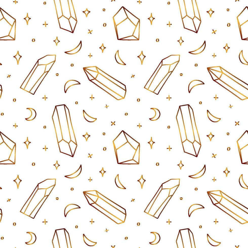 Seamless golden pattern with crystals. Airy gold pattern with semiprecious stones and crescents. vector