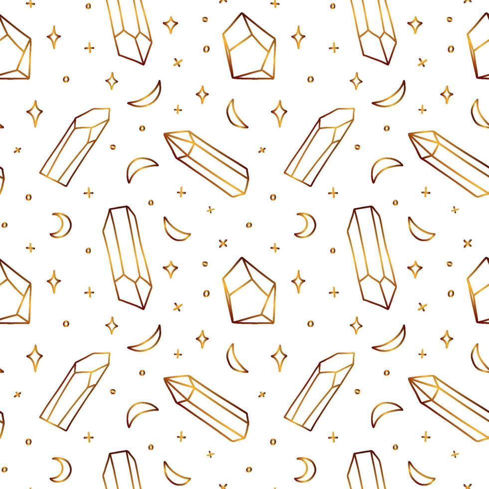 Seamless golden pattern with crystals. Airy gold pattern with semiprecious stones and crescents. vector