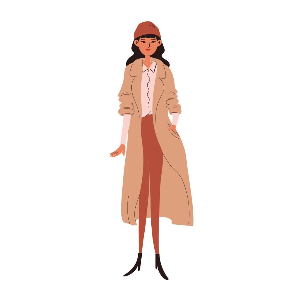 A hand-drawn young woman in a beige coat and brown hat. Cute smile brunette in modern street style looks. Vector stock illustration isolated on white background.