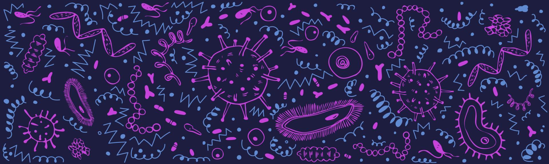 Horizontal banner with pink and blue microorganisms doodle on dark blue background. Vector illustration of a variety of bacilli and bacteria, viruses, and streptococci in a chaotic arrangement.