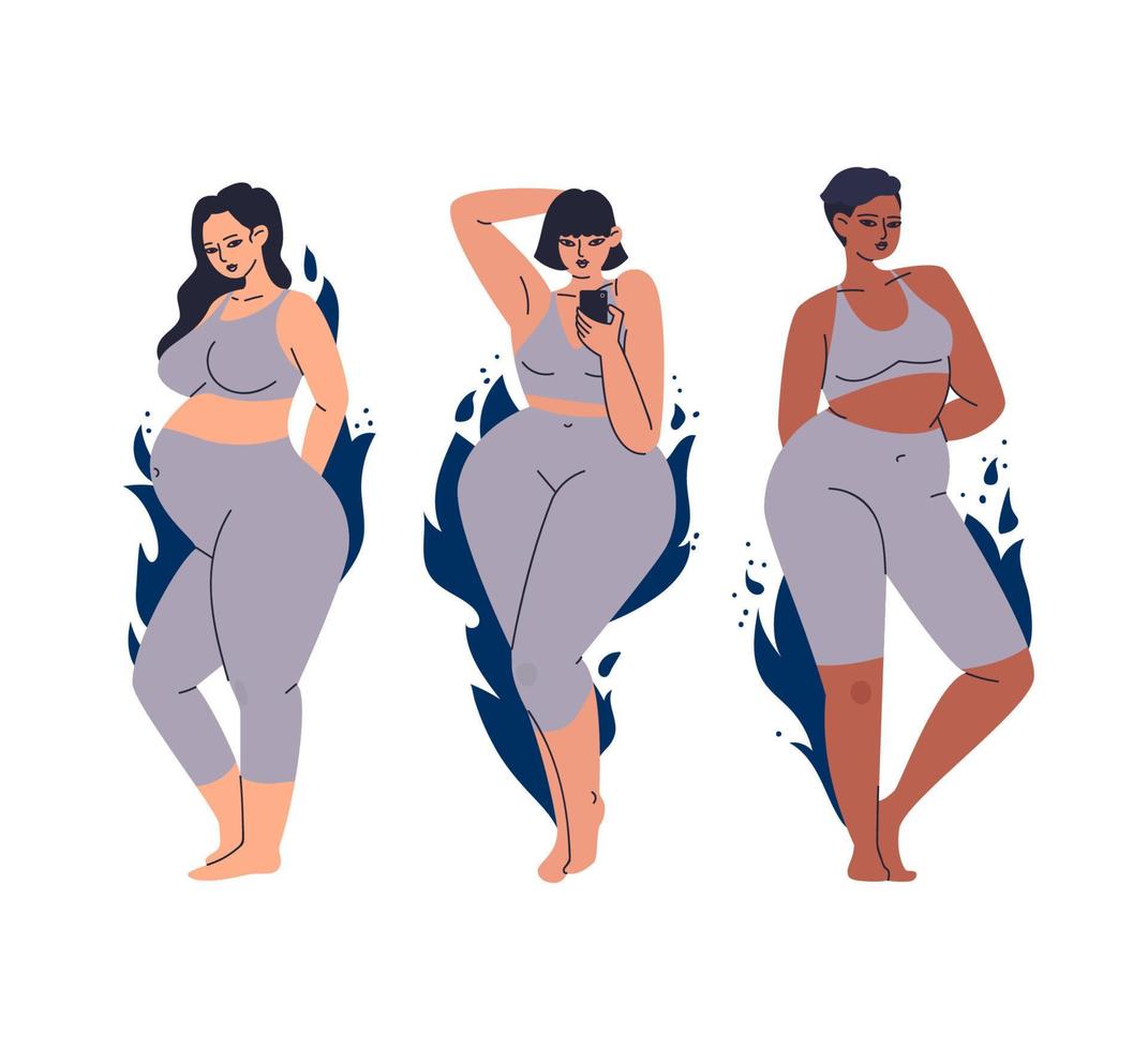 Women of diverse looks, different skin colors. Multicultural female characters in a gray tight-fitting tracksuit. Set of overweight women on a background of blue flames isolated on white. vector