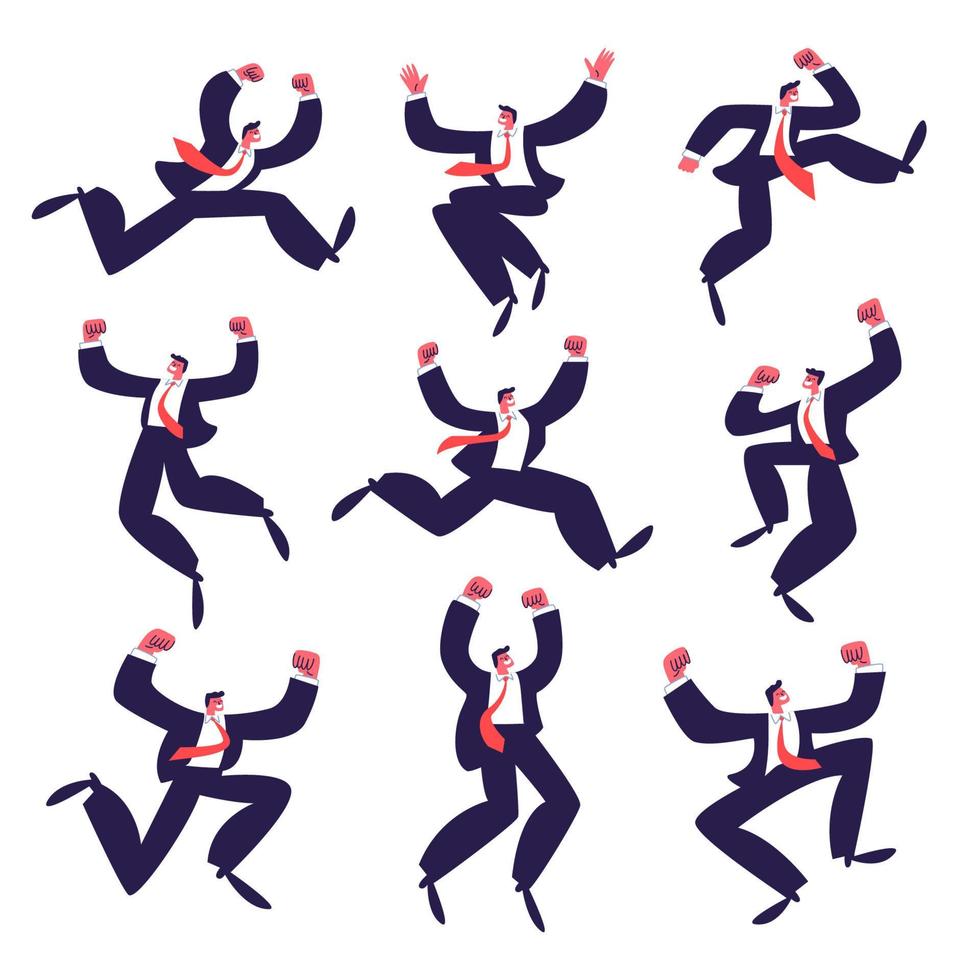 conjunto de hombres de negocios felices saltando. un grupo de jóvenes activos y exitosos con traje oscuro y corbata roja. ilustración vectorial de personas alegres aisladas sobre un fondo blanco. vector