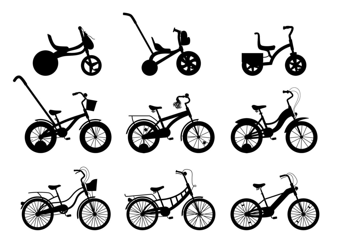 colección de bicicletas de silueta. conjunto de variedad de bicicletas de dos, tres y cuatro ruedas con diferentes tipos de cuadro. ilustración vectorial de vehículos masculinos y femeninos. vector