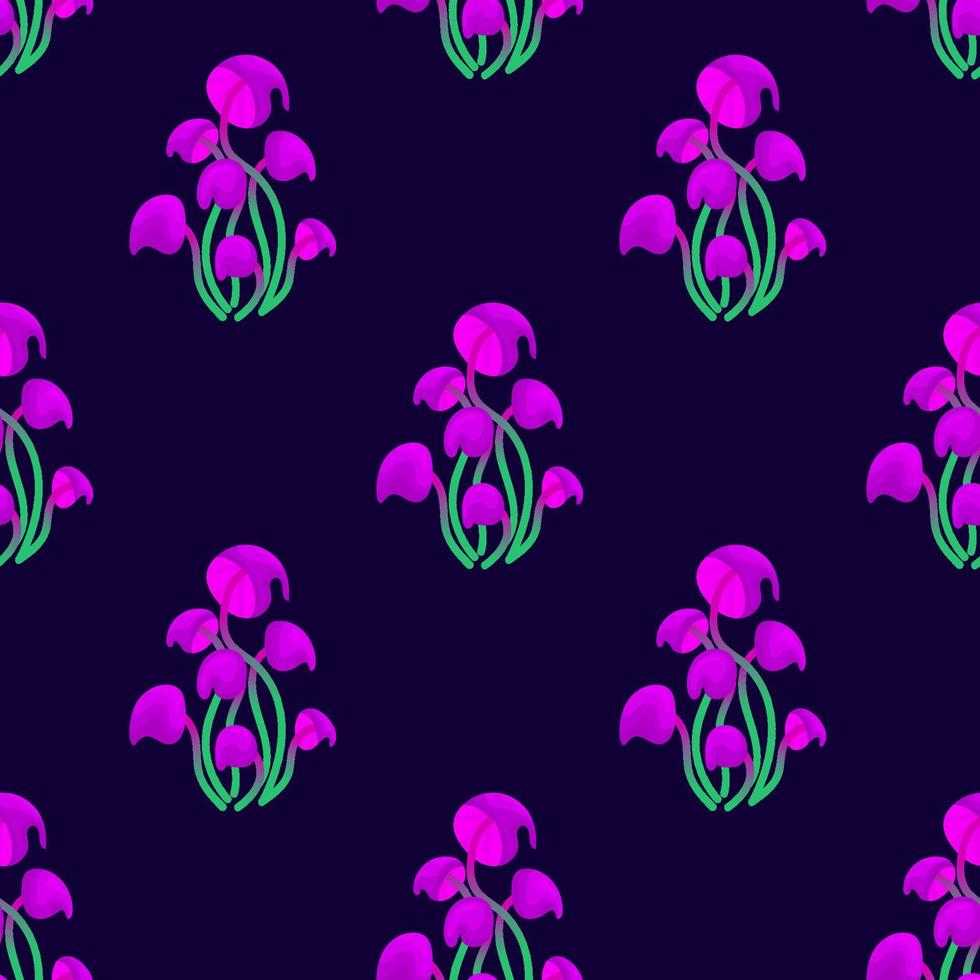 Seamless pattern with magic mushrooms on a dark background. Fantastic mushrooms in a checkerboard pattern. Vector illustration of unreal mystical, alien plants.
