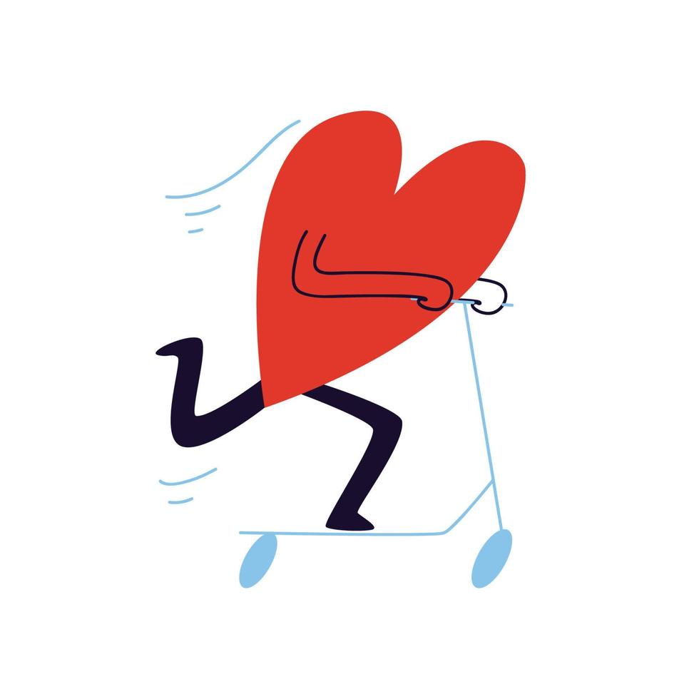 A big red heart is racing on a blue scooter. A hand-drawn doodle heart-shaped character rides a kick scooter at speed and kicks off. Vector stock illustration in cartoon style on a white background.