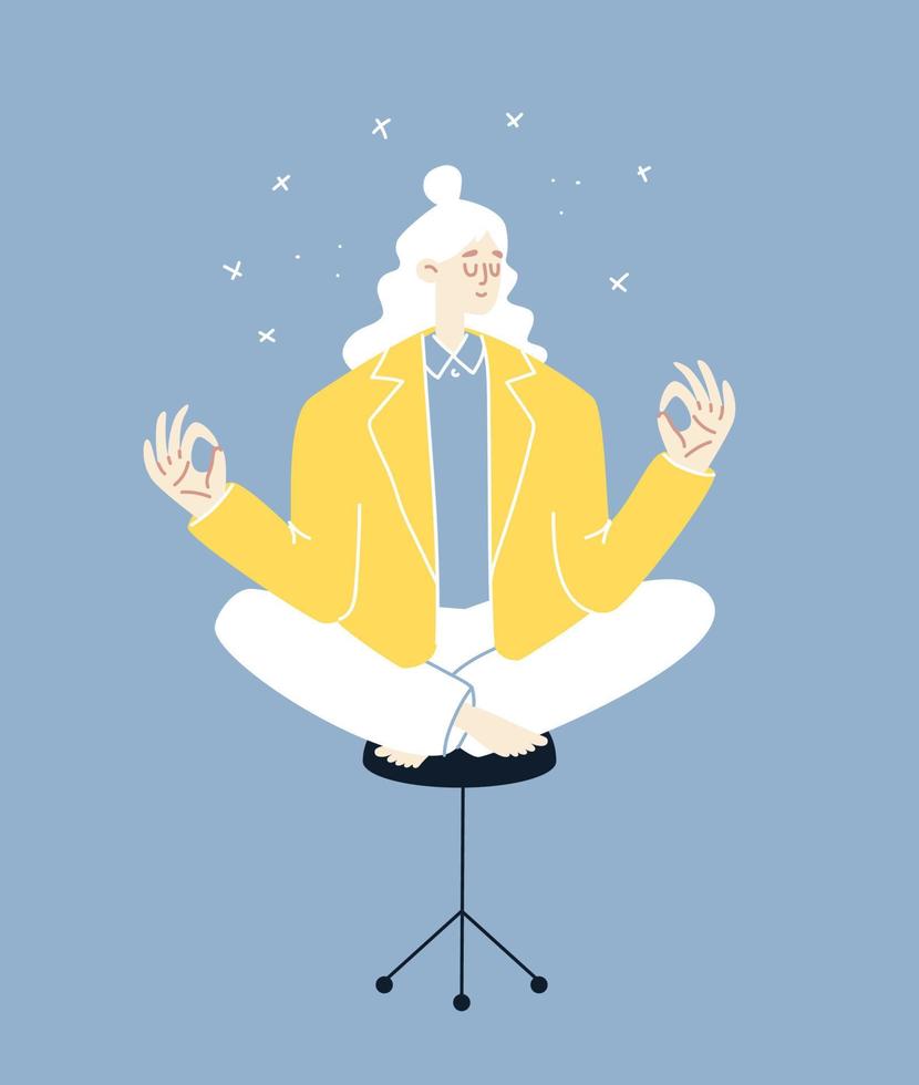 A young woman meditates on an office chair. A blonde in a yellow jacket sits in a lotus position on a blue background. Vector stock illustration of relaxation while working in cartoon style.