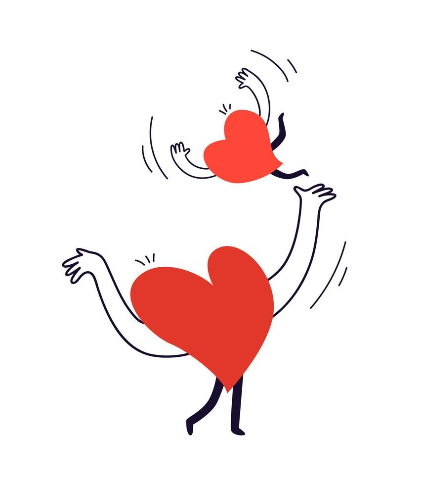 Hand-drawn happy parent-child relationship. A cartoon character in the form of a heart throws his youth into the air. Playing two hearts father and son vector illustration.