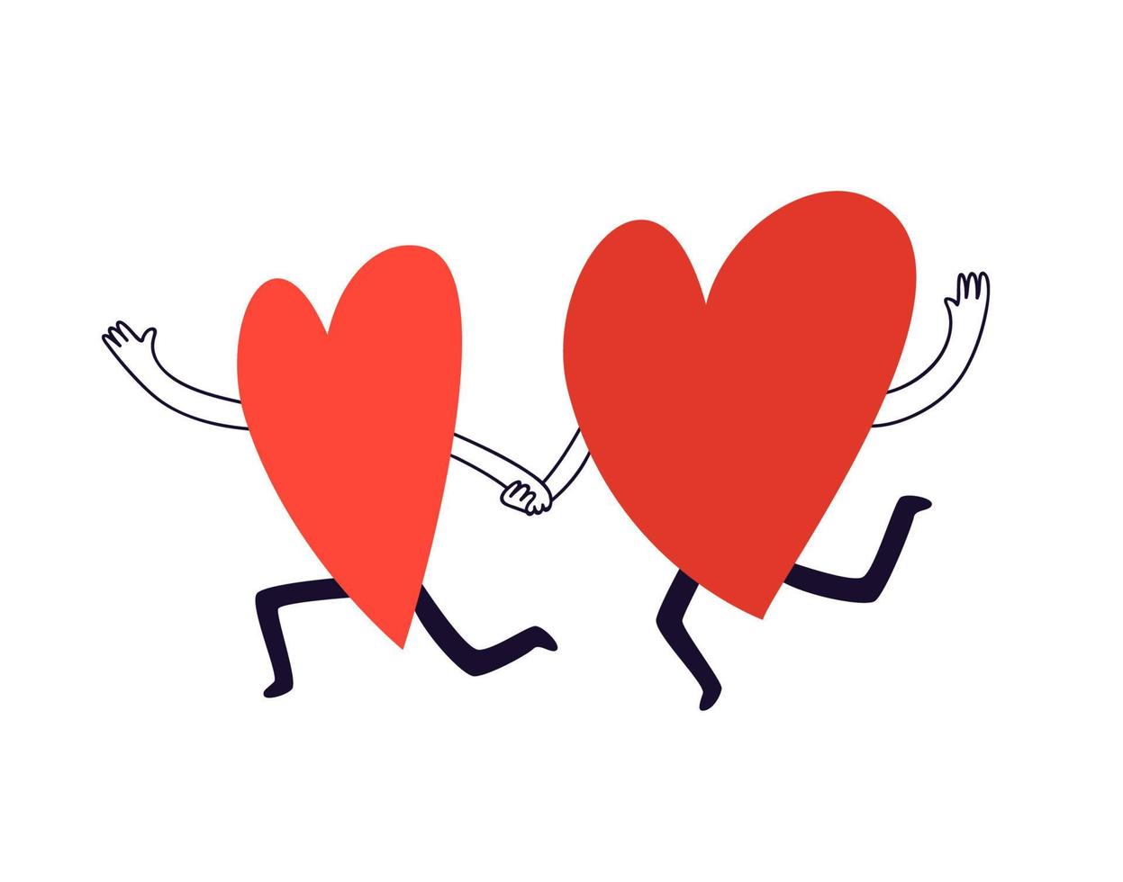 Hand-drawn two running hearts. Vector doodle illustration of lovers holding hands. Happy silhouettes of hearts catching up to each other in cartoon style isolated on white background.