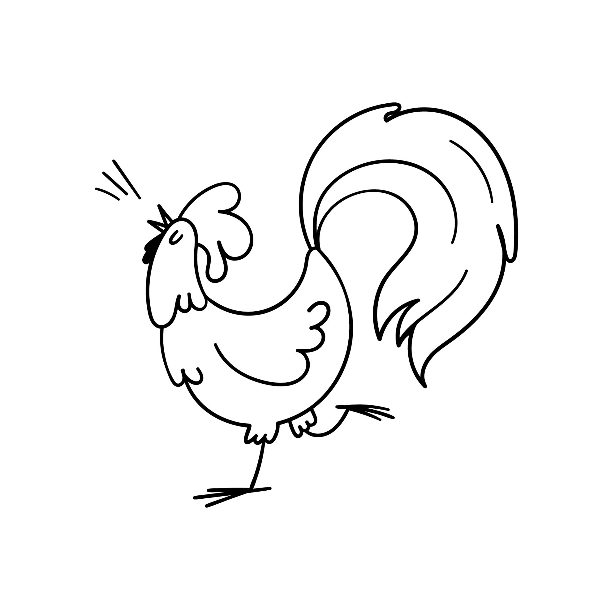 A hand-drawn rooster crows. Doodle rooster with a gorgeous tail