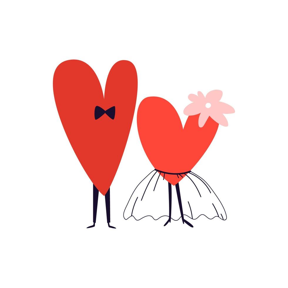 Newlyweds hand-drawn hearts. Cartoon couple of hearts in a tutu skirt and bow tie. Vector illustration of newlywed characters standing side by side on white isolated background.