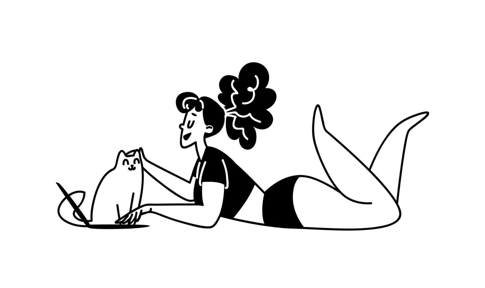 Hand-drawn girl lies in front of a laptop and strokes a pet cat. Young woman black on white in a top and short shorts is typing on the computer lying down. Vector stock illustration isolated on white.