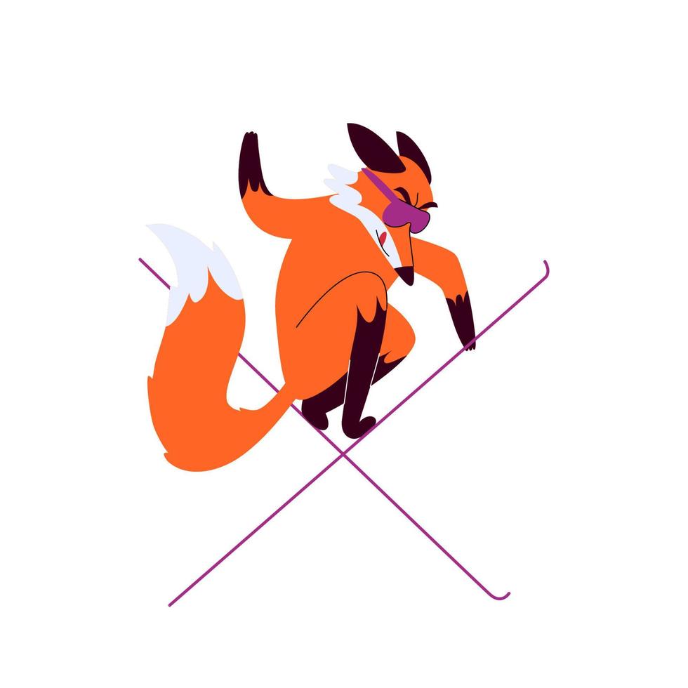 Fox skier in purple goggles. A cartoon fox shows a trick on skis crossing them. Vector stock illustration of animal free-rider isolated on white background.