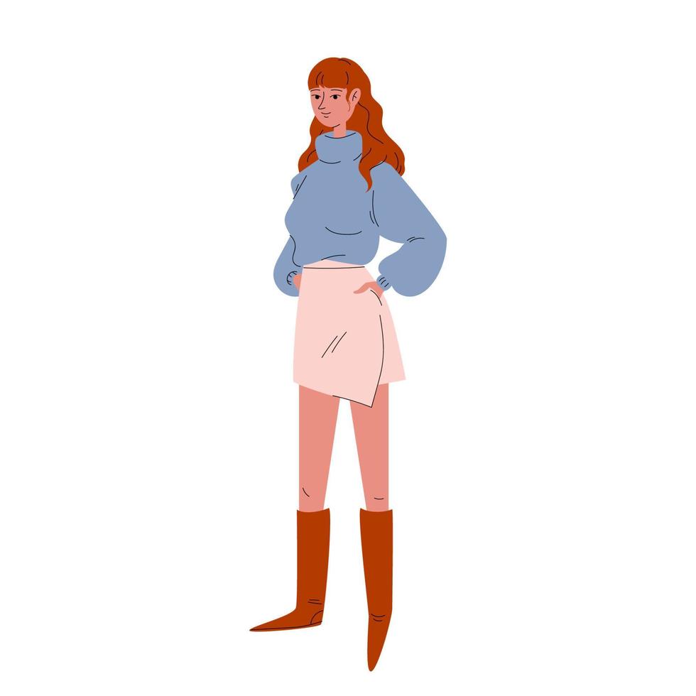 A pretty young woman in a short light pink skirt, a blue sweater, and high brown boots. An adult girl stands in modern casual clothes. Vector stock illustration on white background in cartoon style.