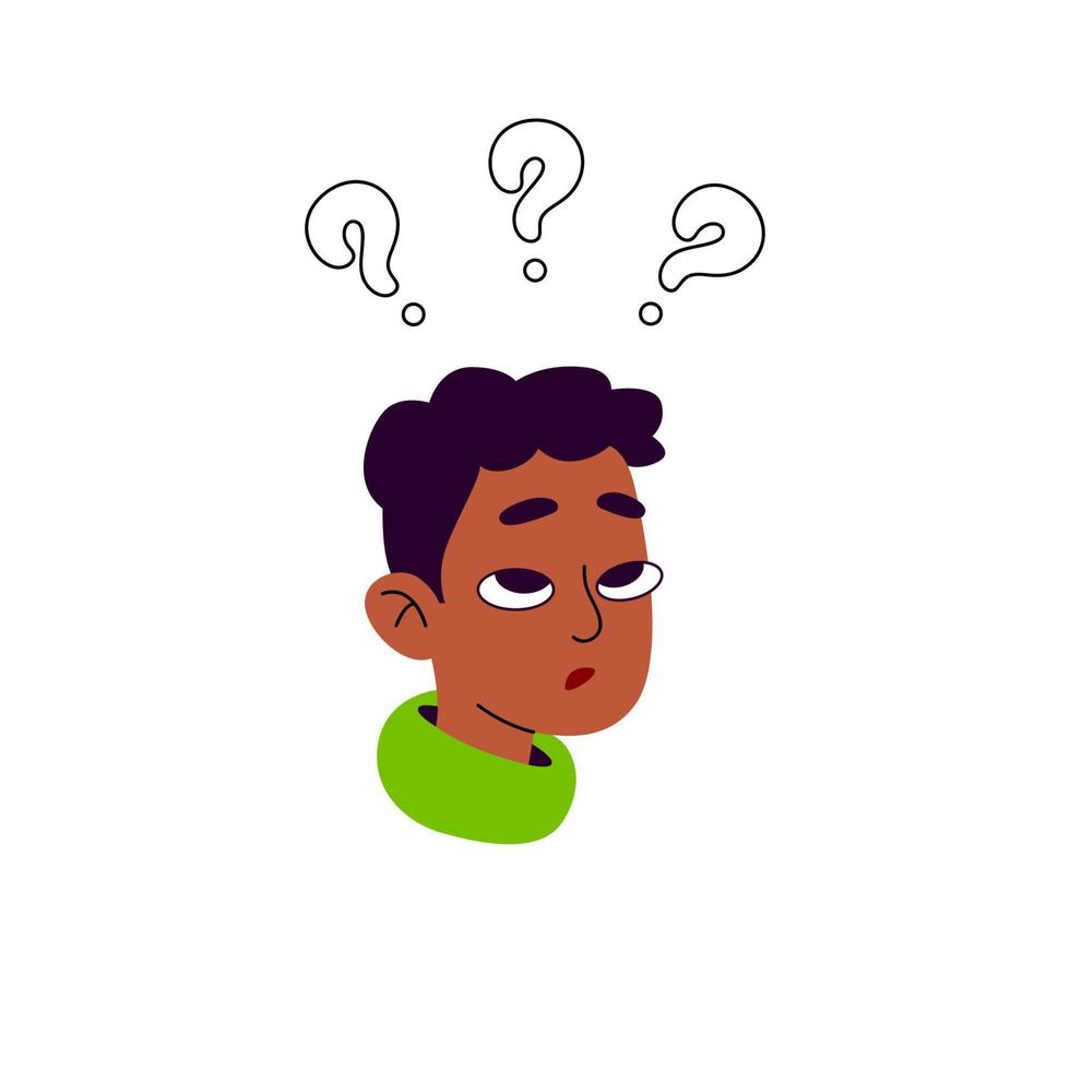 There are three question marks above the young man. A guy is trying to solve the problem, thinking about the answer to the questions that are in his head. Vector illustration of a male character.