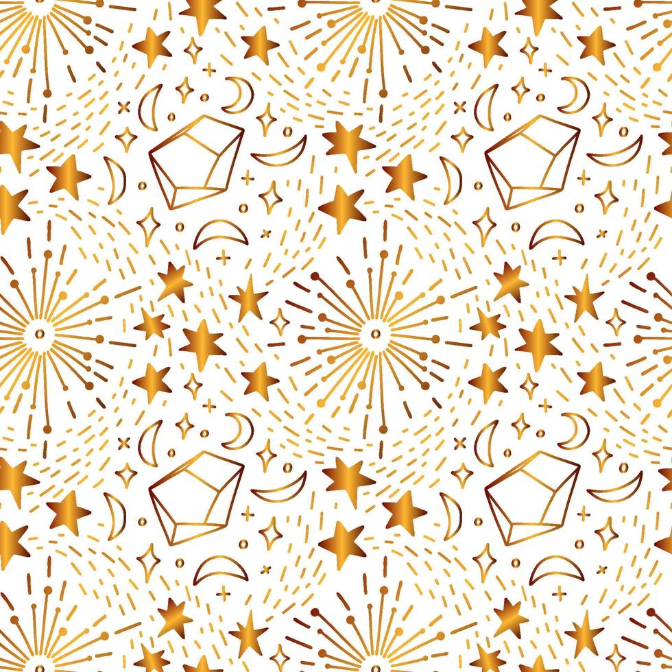 Celestial seamless pattern. Diverse pattern with golden texture of shining stars and crystals surrounded by cosmic dust. Vector stock illustration isolated on white background.