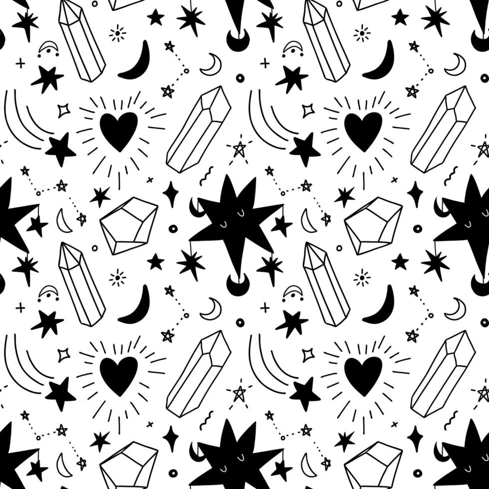 Seamless pattern with magic elements. A hand-drawn ornament featuring a variety of celestial figures and semiprecious stones. vector