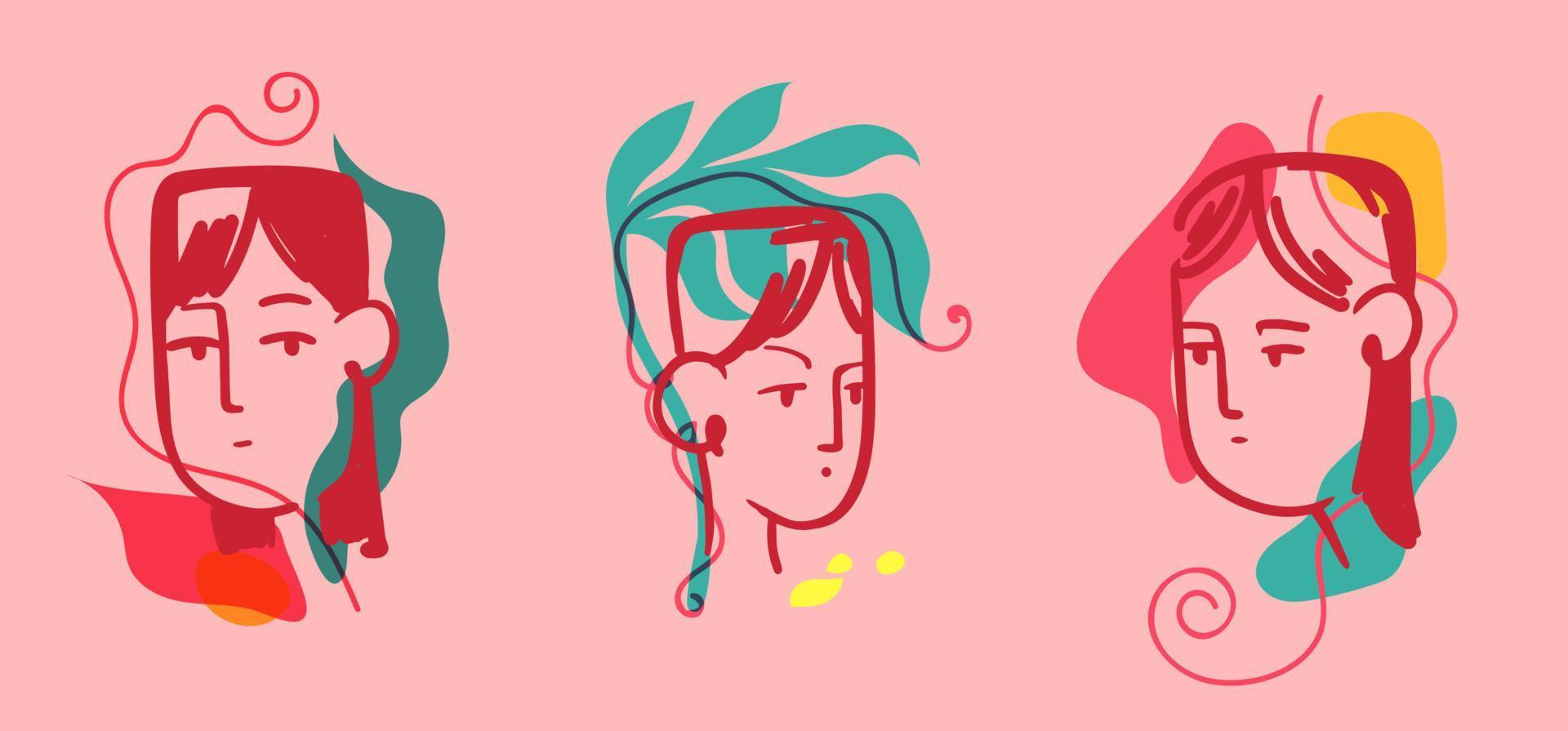 retratos de mujer con líneas abstractas y diferentes formas onduladas. colección de ilustraciones modernas de moda de la cara de una mujer. la ilustración vectorial aislada sobre fondo rosa. vector