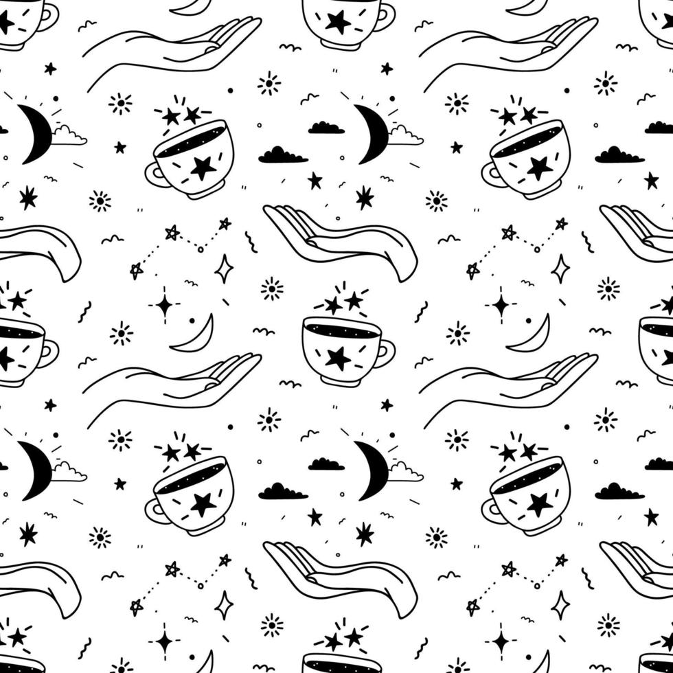 Seamless pattern with magic hands and cups. A magical pattern of hand-drawn constellations, crescent, and clouds. vector