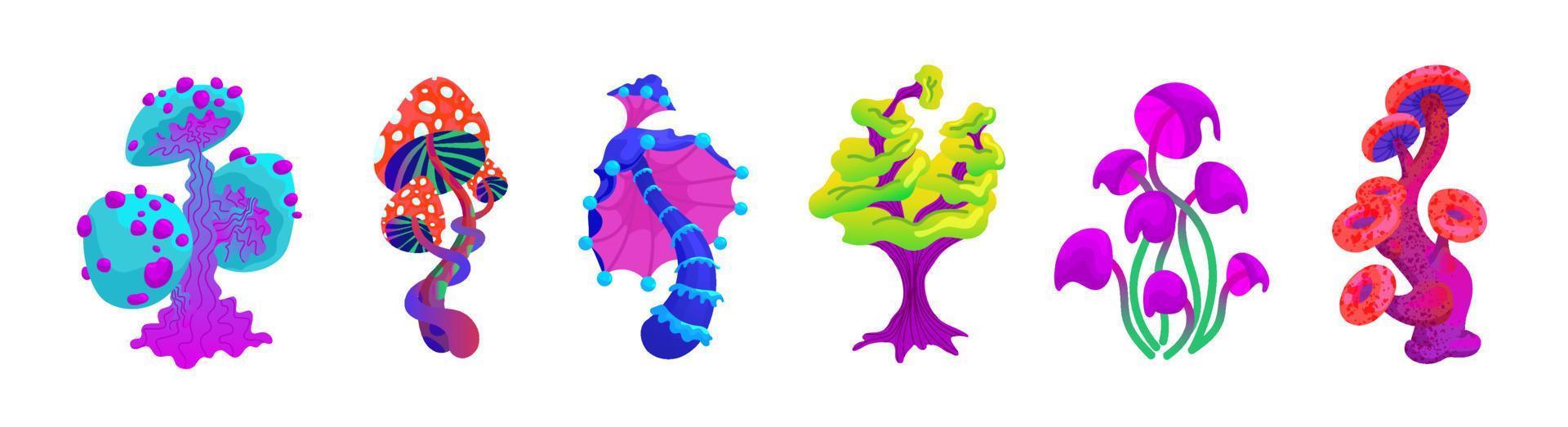 A set of fantastic mushrooms. Collection of a variety of fabulous mushroom plants. Magical alien plants of different shapes and colors. Vector illustration of an alien group on a white background.