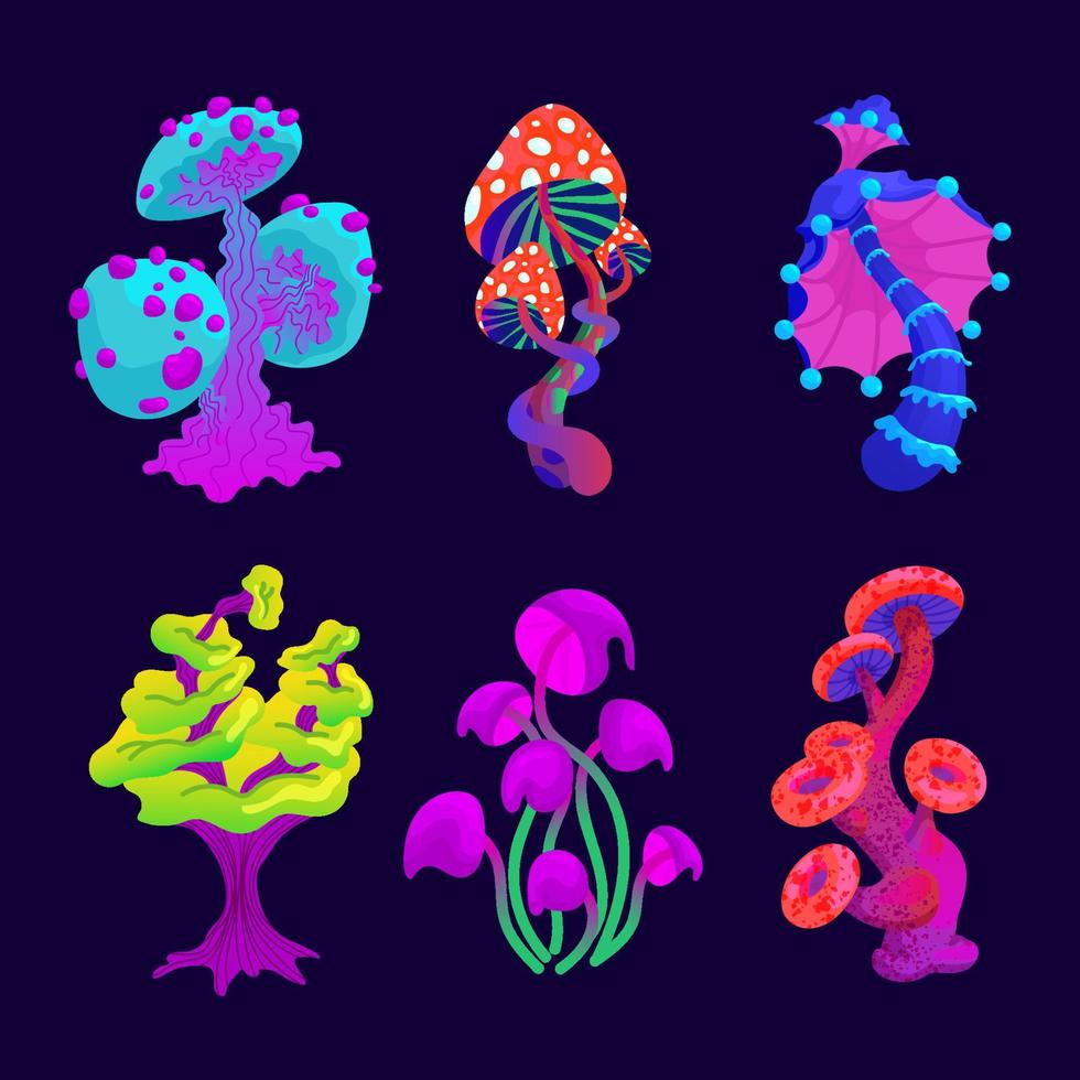 A set of magic mushrooms. Collection of a variety of fabulous mushroom plants. Fantastic alien plants of different shapes and colors. Vector illustration of an alien group on a dark background.