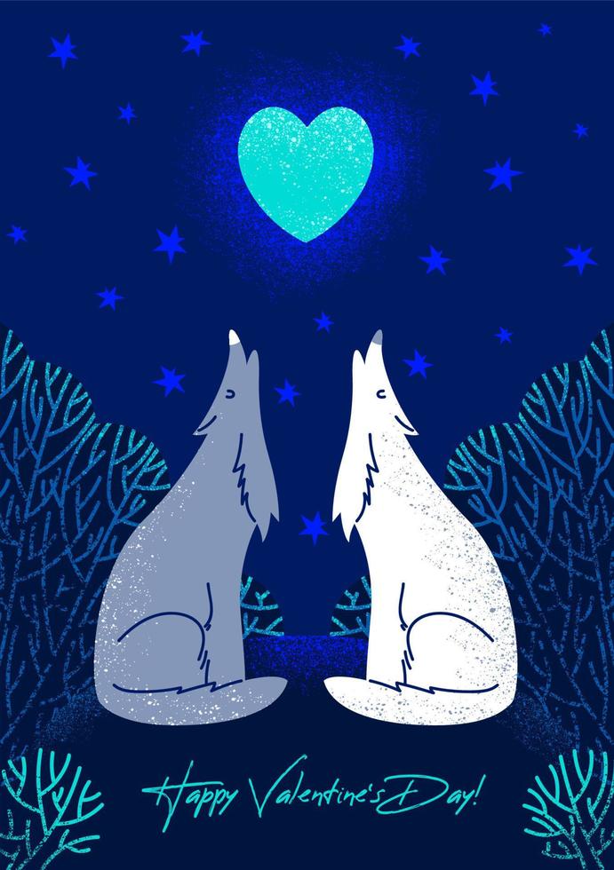 Valentine's day card with wolves. White and gray wolves howl at the blue heart-shaped moon in a fairy-tale forest. Vector stock greeting illustration in cartoon style.