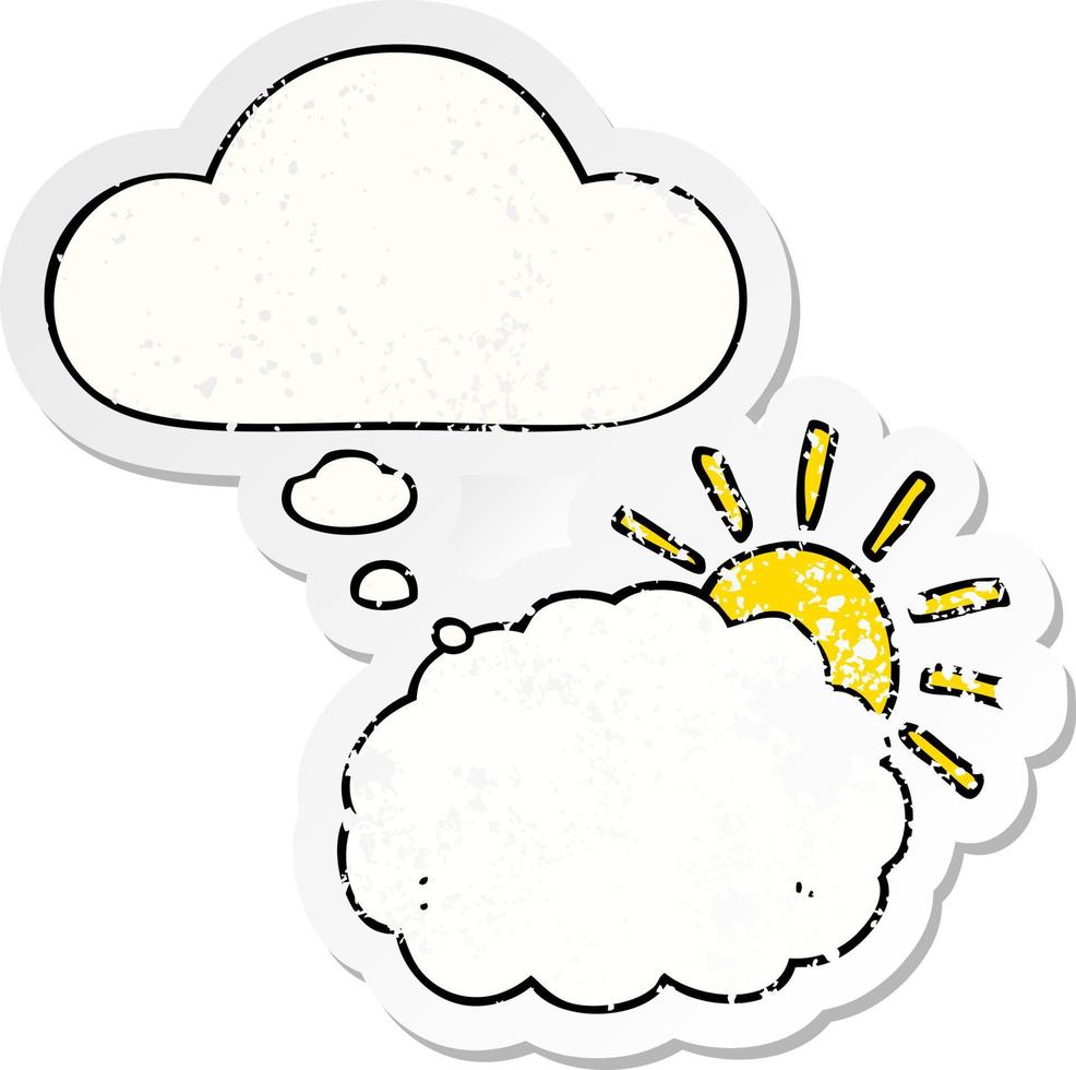 cartoon sun and cloud symbol and thought bubble as a distressed worn sticker vector