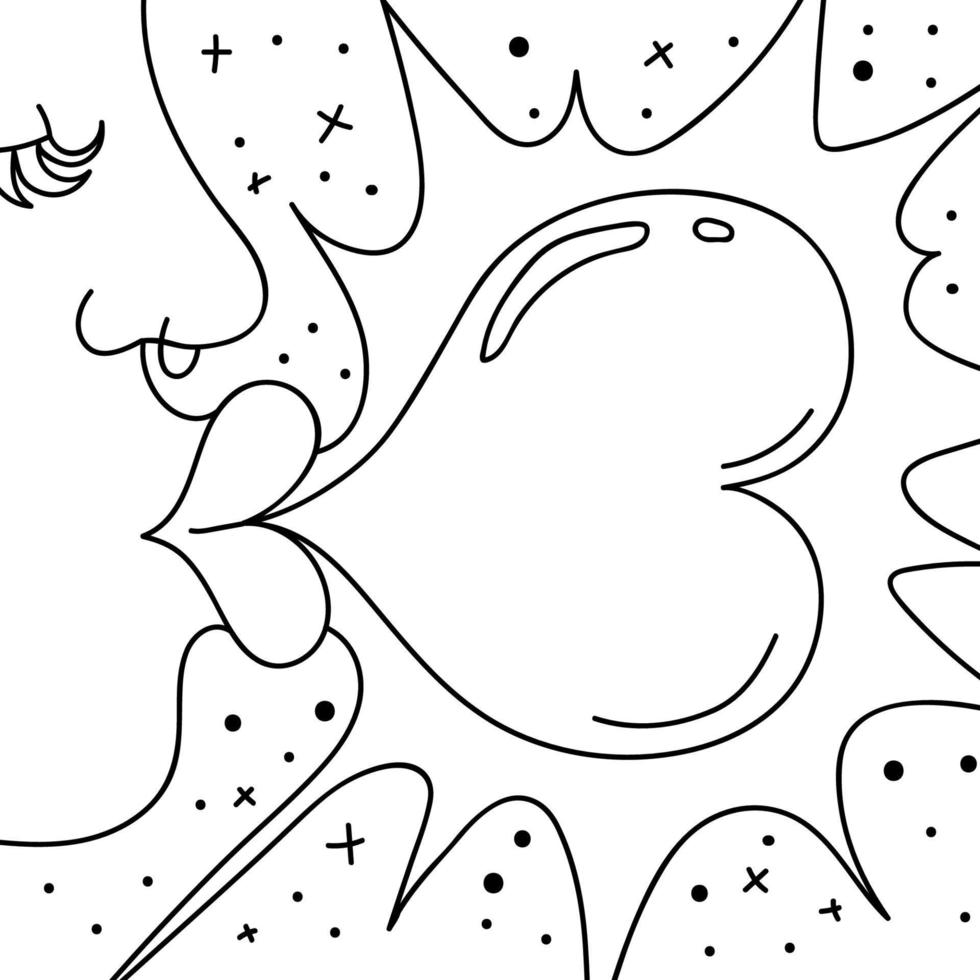 A girl with plump lips inflates a heart-shaped bubble of gum, which then explodes. Profile of a young woman with a pierced nose. Stock vector illustration on white background hand drawn outline.