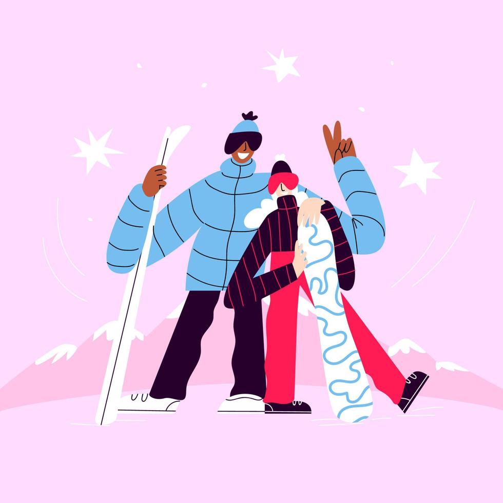 A skier and a snowboarder stand against the background of mountains. A guy with skis in a blue jacket and a girl with a snowboard in pink pants are smiling. Vector stock illustration in cartoon style.