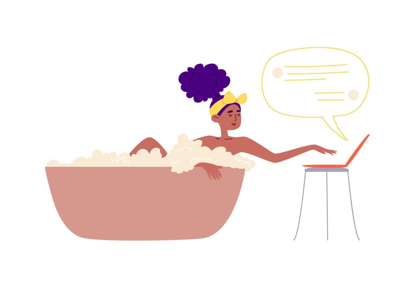 The girl lies in the bath with a laptop. A young woman with a yellow bow on her head answers messages while taking a bath. Remote work concept. Vector stock illustration isolated in cartoon style.