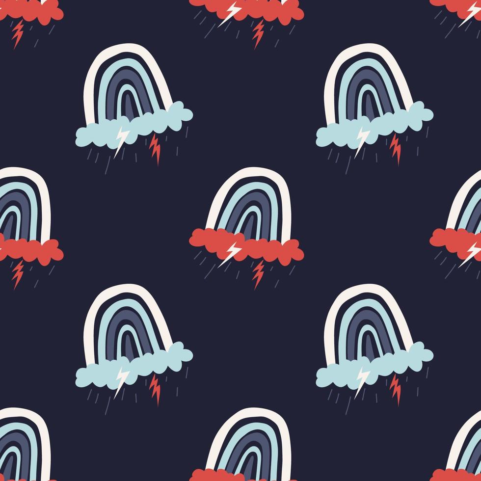Seamless pattern with a rainbow over a rainy cloud on a dark blue background. Cute repeating pattern of abstract celestial phenomenon. Vector stock illustration hand drawn.