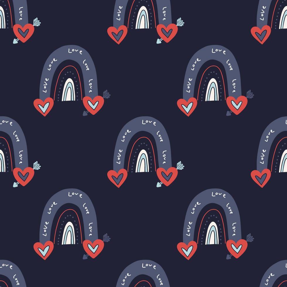 Rainbow pattern with a heart pierced by an arrow. Seamless pattern with hand-drawn rainbows and the inscription love. Vector stock illustration in red-blue shades on a dark blue background.